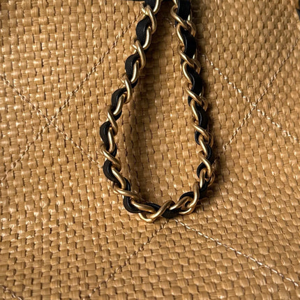 CHANEL 26S MAXI SHOPPING BAG 28 IN BEIGE RAFFIA AND BLACK CALFKIN GOLD HARDWARE