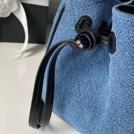CHANEL 26S TOP HANDLE BAG 30 IN BLUE DENIM AND BLACK CALFSKIN GOLD HARDWARE