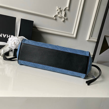 CHANEL 26S TOP HANDLE BAG 30 IN BLUE DENIM AND BLACK CALFSKIN GOLD HARDWARE