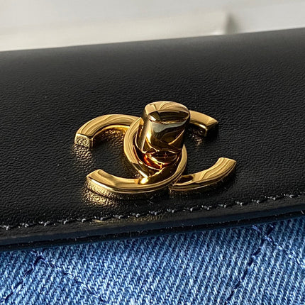 CHANEL 26S TOP HANDLE BAG 30 IN BLUE DENIM AND BLACK CALFSKIN GOLD HARDWARE