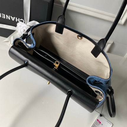 CHANEL 26S TOP HANDLE BAG 30 IN BLUE DENIM AND BLACK CALFSKIN GOLD HARDWARE