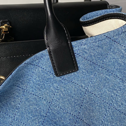 CHANEL 26S TOP HANDLE BAG 30 IN BLUE DENIM AND BLACK CALFSKIN GOLD HARDWARE