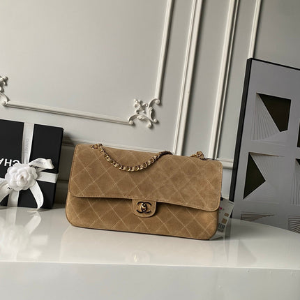 CHANEL 26S MAXI FLAP BAG 32 IN DARK BEIGE SUEDE AND CALFSKIN GOLD HARDWARE