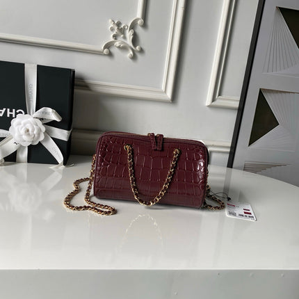 CHANEL 26S MINI TIMELESS CLASSIC BARREL BAG 19 IN BURGUNDY RED CROCODILE-EMBOSSED PATENT CALFSKIN GOLD HARDWARE