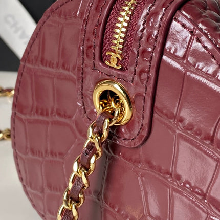 CHANEL 26S MINI TIMELESS CLASSIC BARREL BAG 19 IN BURGUNDY RED CROCODILE-EMBOSSED PATENT CALFSKIN GOLD HARDWARE