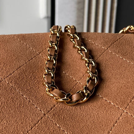 CHANEL 26S CHAIN CLUTCH BAG 32 IN CARAMEL BROWN QUILTED SUEDE GOLD HARDWARE