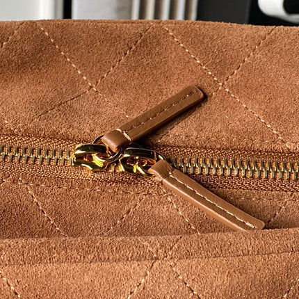 CHANEL 26S CHAIN CLUTCH BAG 32 IN CARAMEL BROWN QUILTED SUEDE GOLD HARDWARE