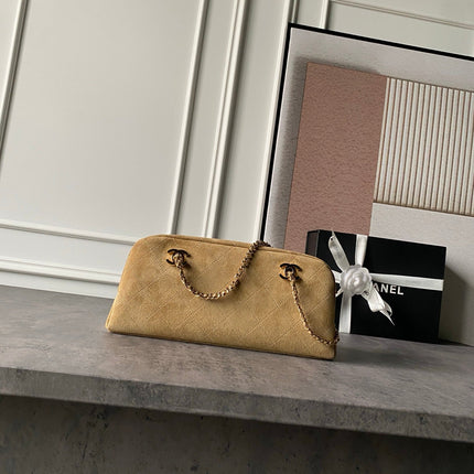 CHANEL 26S CHAIN CLUTCH BAG 32 IN TAN BROWN QUILTED SUEDE GOLD HARDWARE
