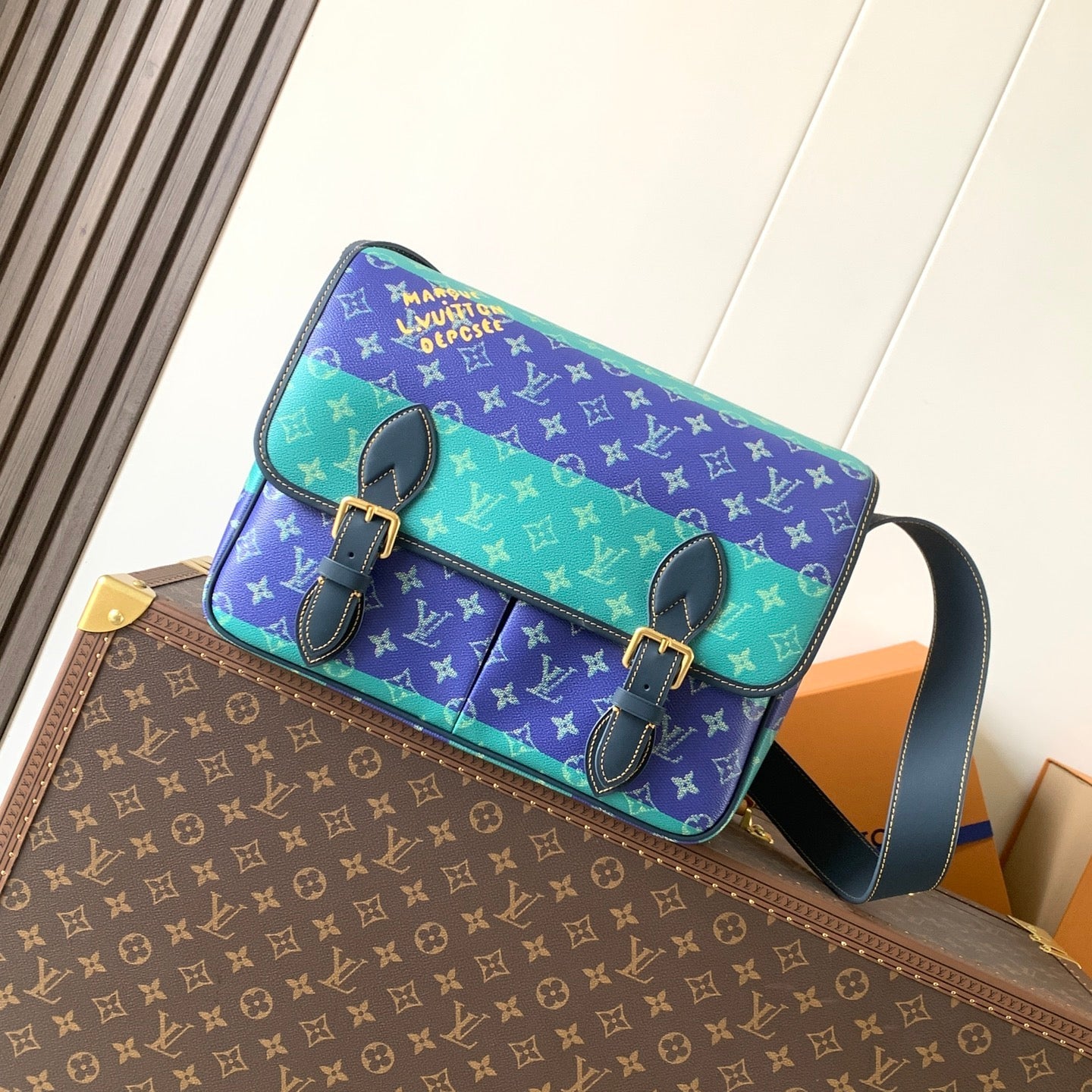 LV 26S CROSSBODY BAG 35 IN BLUE WITH LIGHT BLUE ACCENTS COATED CANVAS