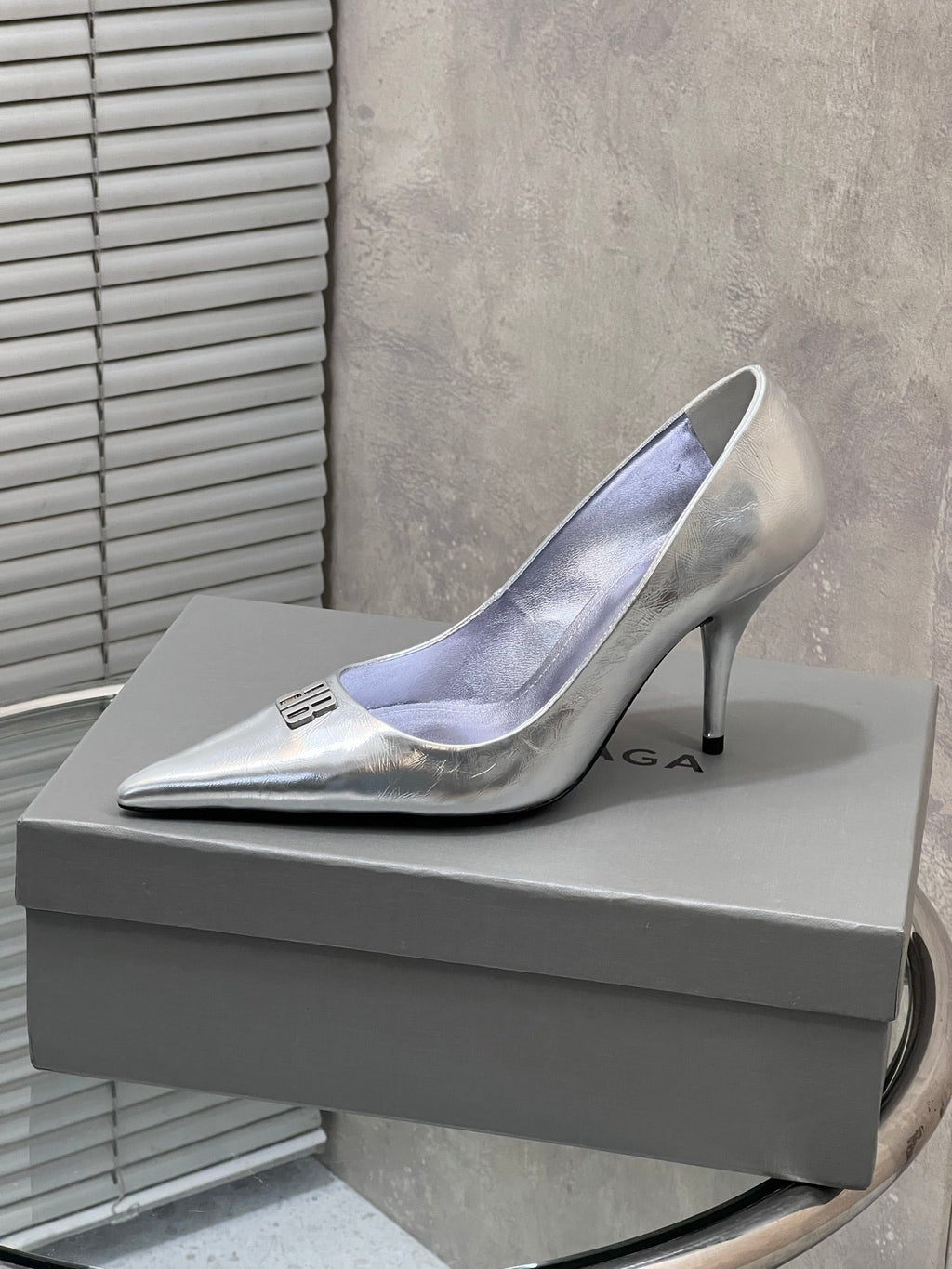 BALENCIAGA 25S HIGH-HEEL SHOES 85 MM IN SILVER COW LEATHER