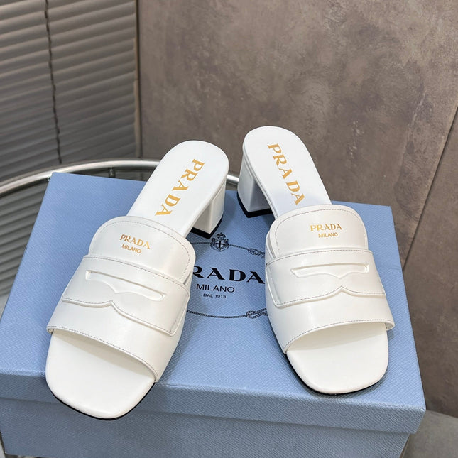 PRADA 26S BLOCK HEEL SLIDE SANDALS 60MM IN WHITE CALFSKIN WITH LOGO