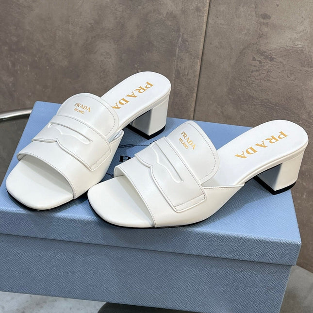PRADA 26S BLOCK HEEL SLIDE SANDALS 60MM IN WHITE CALFSKIN WITH LOGO
