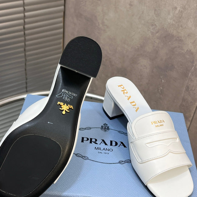 PRADA 26S BLOCK HEEL SLIDE SANDALS 60MM IN WHITE CALFSKIN WITH LOGO