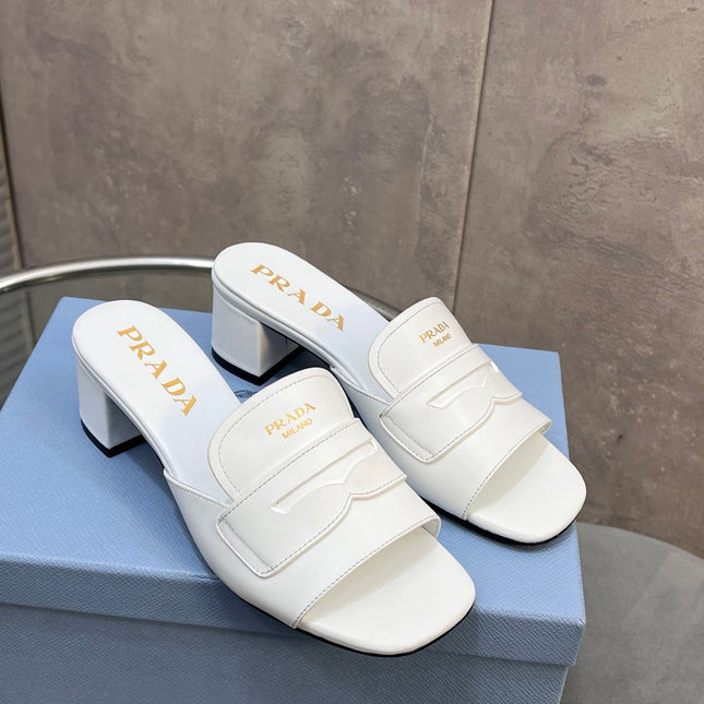 PRADA 26S BLOCK HEEL SLIDE SANDALS 60MM IN WHITE CALFSKIN WITH LOGO
