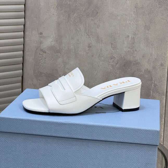 PRADA 26S BLOCK HEEL SLIDE SANDALS 60MM IN WHITE CALFSKIN WITH LOGO