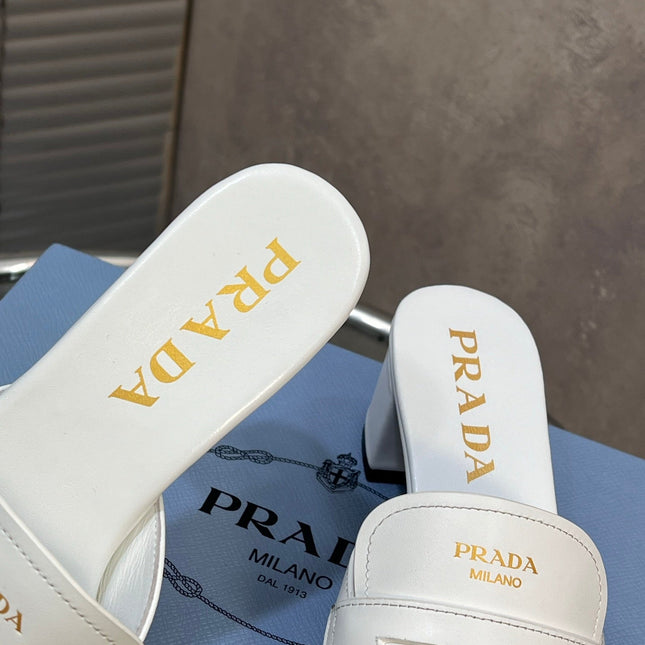 PRADA 26S BLOCK HEEL SLIDE SANDALS 60MM IN WHITE CALFSKIN WITH LOGO