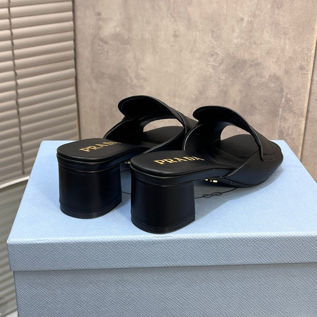 PRADA 26S BLOCK HEEL SLIDE SANDALS 60MM IN BLACK CALFSKIN WITH LOGO