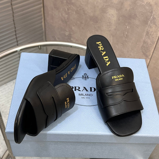 PRADA 26S BLOCK HEEL SLIDE SANDALS 60MM IN BLACK CALFSKIN WITH LOGO