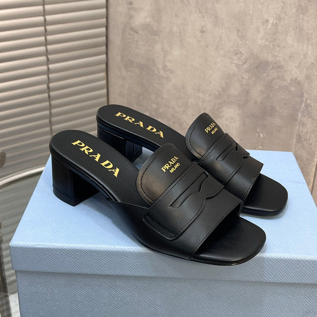 PRADA 26S BLOCK HEEL SLIDE SANDALS 60MM IN BLACK CALFSKIN WITH LOGO
