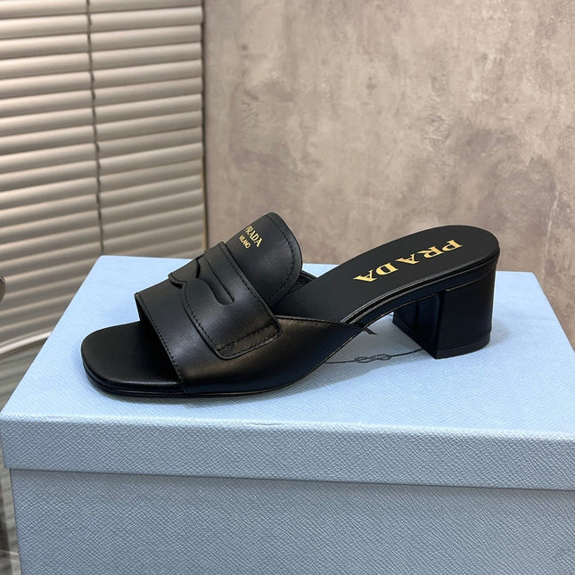 PRADA 26S BLOCK HEEL SLIDE SANDALS 60MM IN BLACK CALFSKIN WITH LOGO