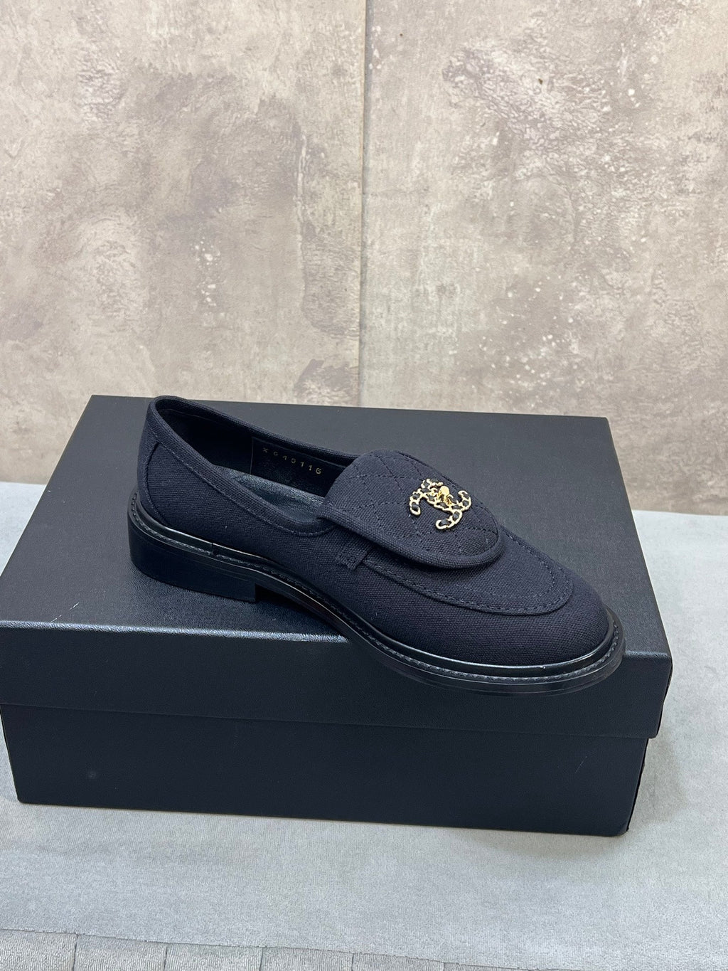 CHANEL 26S LOAFERS IN BLACK CANVAS WITH QUILTED FLAP & CHAIN CC LOGO