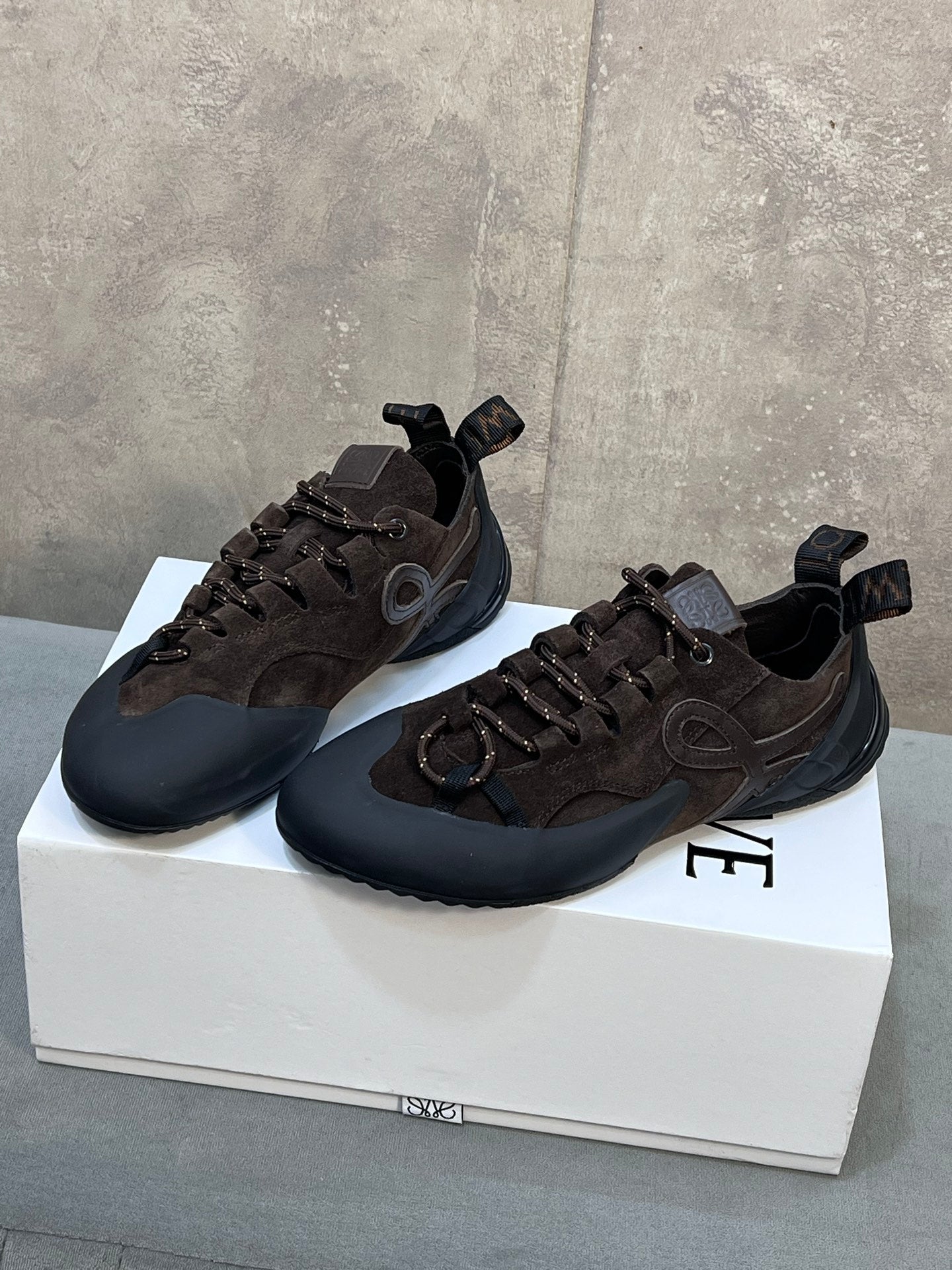 LOEWE 26S LACE UP SNEAKERS IN DARK BROWN SUEDE AND RUBBER SOLE