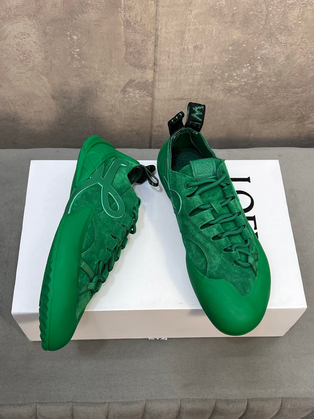 LOEWE 26S LACE UP SNEAKERS IN GREEN SUEDE AND RUBBER SOLE