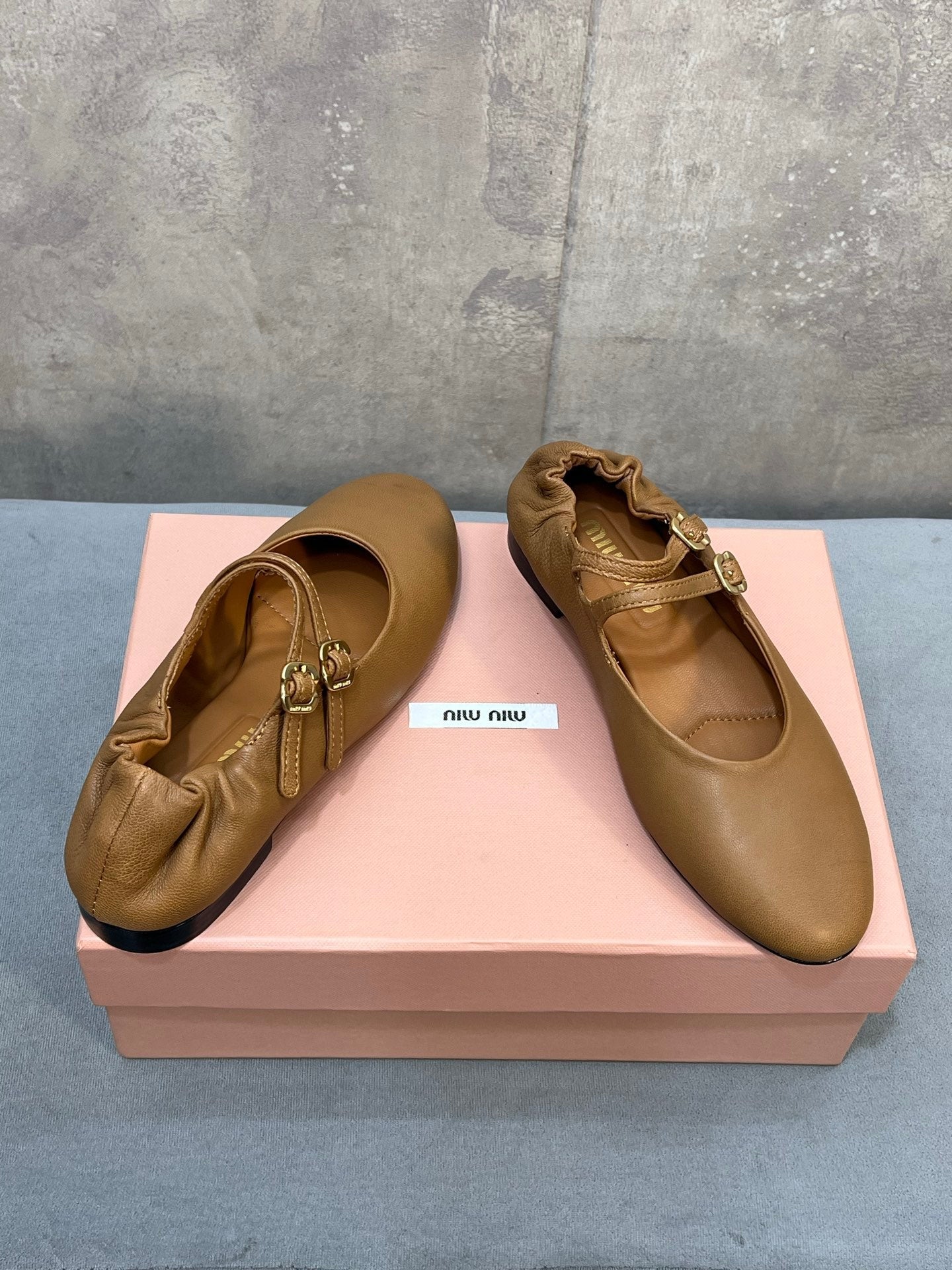 MIUMIU 26S DOUBLE STRAP MARY JANE FLATS IN CARAMEL BROWN SHEEPSKIN