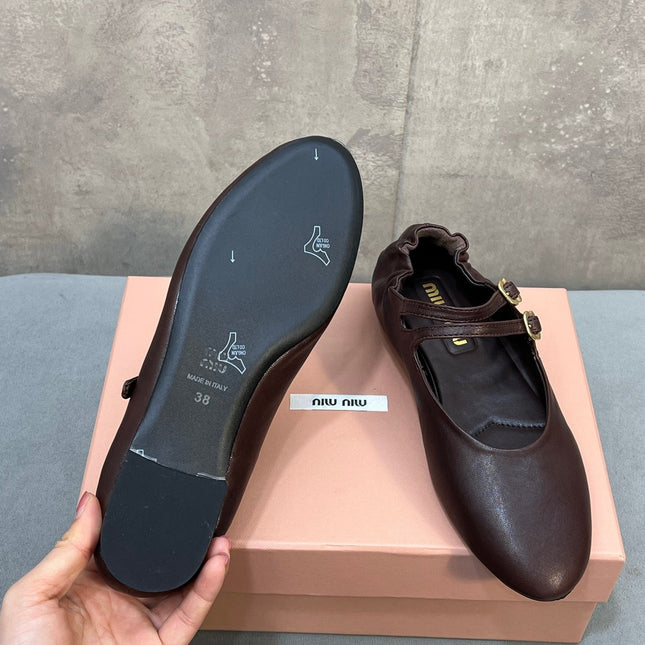 MIUMIU 26S DOUBLE STRAP MARY JANE FLATS IN DARK BROWN SHEEPSKIN