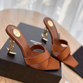 OPYUM OPEN TOE HIGH 10 CM MULES IN BRONZE BROWN CALFSKIN