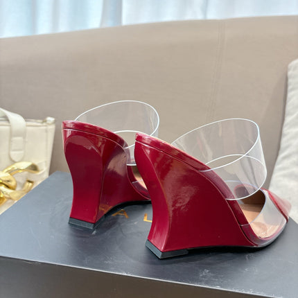ALAIA 26S HIGH-HEEL WEDGE MULES 95 MM IN DARK RED GLOSSY CALFSKIN
