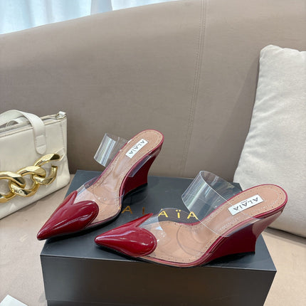 ALAIA 26S HIGH-HEEL WEDGE MULES 95 MM IN DARK RED GLOSSY CALFSKIN
