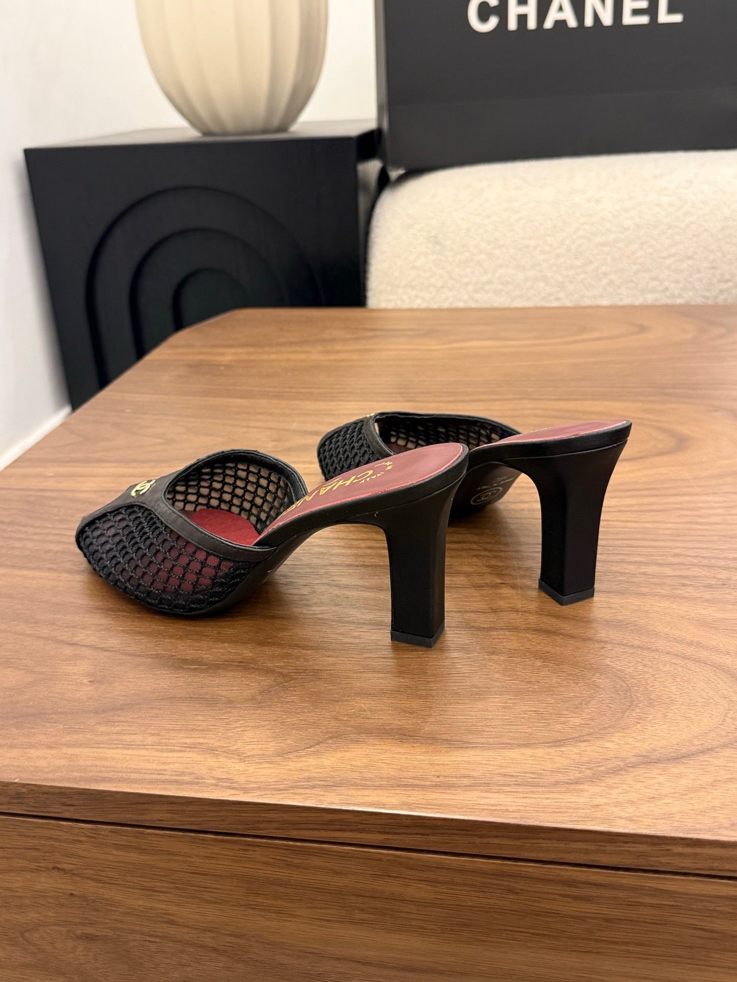 CHANEL 26S COCO BEACH MULES IN BLACK MESH AND FARBIC