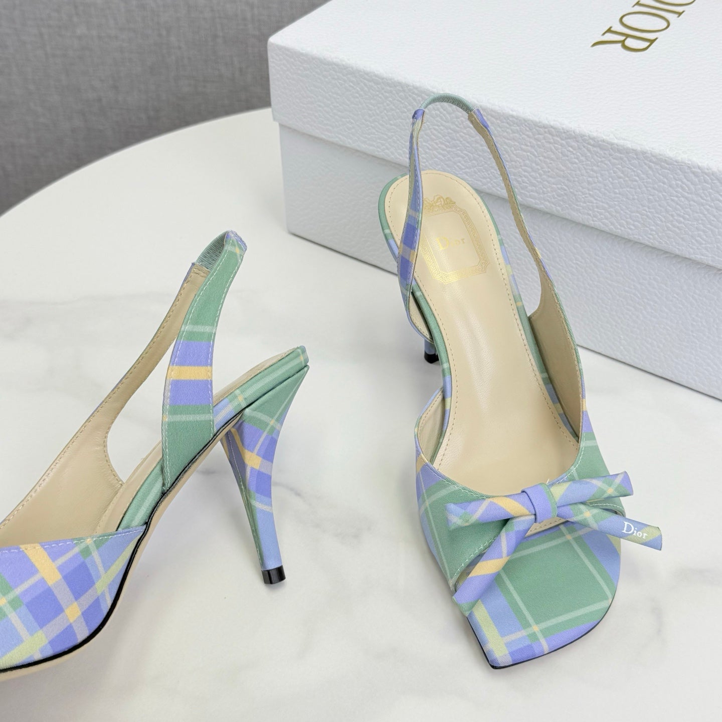 DIOR 26S HIGH-HEEL BACK-STRAP SHOES IN LIGHT LAVENDER AND SAGE GREEN FABRIC