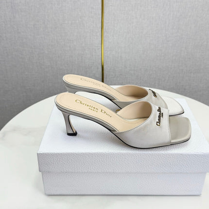 DIOR 26S HIGH-HEELED MULES IN LIGHT GRAY SATIN GOLD HARDWARE