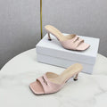 DIOR 26S HIGH-HEELED MULES IN LIGHT PINK SATIN GOLD HARDWARE