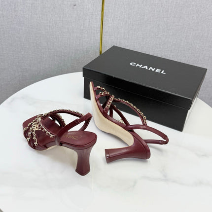 CHANEL 26S CHAIN STRAP HIGH HEELS 80 MM IN DARK RED LAMBSKIN