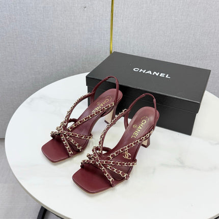 CHANEL 26S CHAIN STRAP HIGH HEELS 80 MM IN DARK RED LAMBSKIN