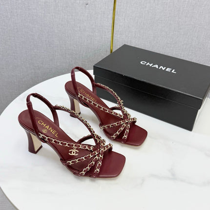 CHANEL 26S CHAIN STRAP HIGH HEELS 80 MM IN DARK RED LAMBSKIN