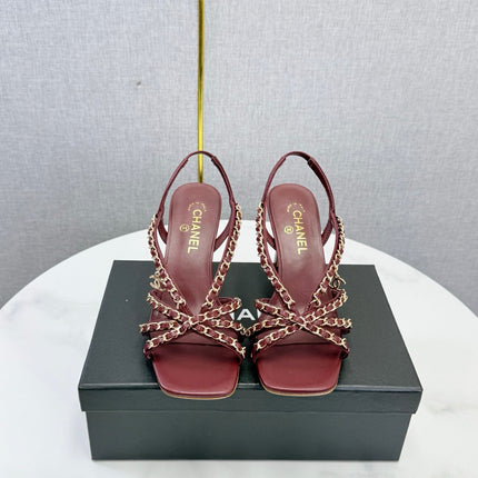 CHANEL 26S CHAIN STRAP HIGH HEELS 80 MM IN DARK RED LAMBSKIN