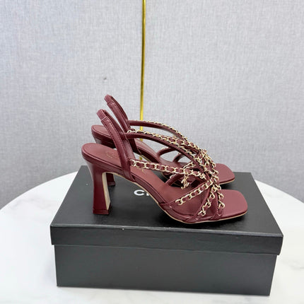 CHANEL 26S CHAIN STRAP HIGH HEELS 80 MM IN DARK RED LAMBSKIN