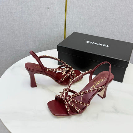 CHANEL 26S CHAIN STRAP HIGH HEELS 80 MM IN DARK RED LAMBSKIN