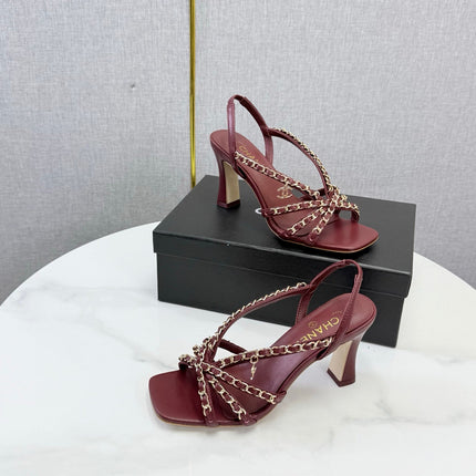 CHANEL 26S CHAIN STRAP HIGH HEELS 80 MM IN DARK RED LAMBSKIN