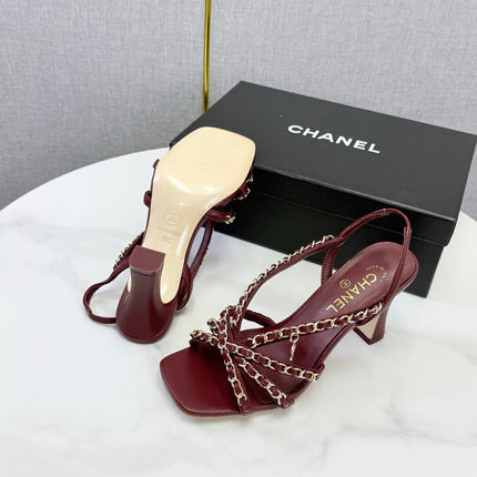 CHANEL 26S CHAIN STRAP HIGH HEELS 80 MM IN DARK RED LAMBSKIN