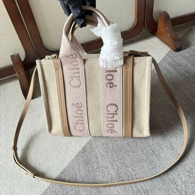 SMALL WOODY TOTE BAG 26.5 IN BEIGE LINEN CANVAS LIGHT PINK WEBBING LOGO EMBROIDERY