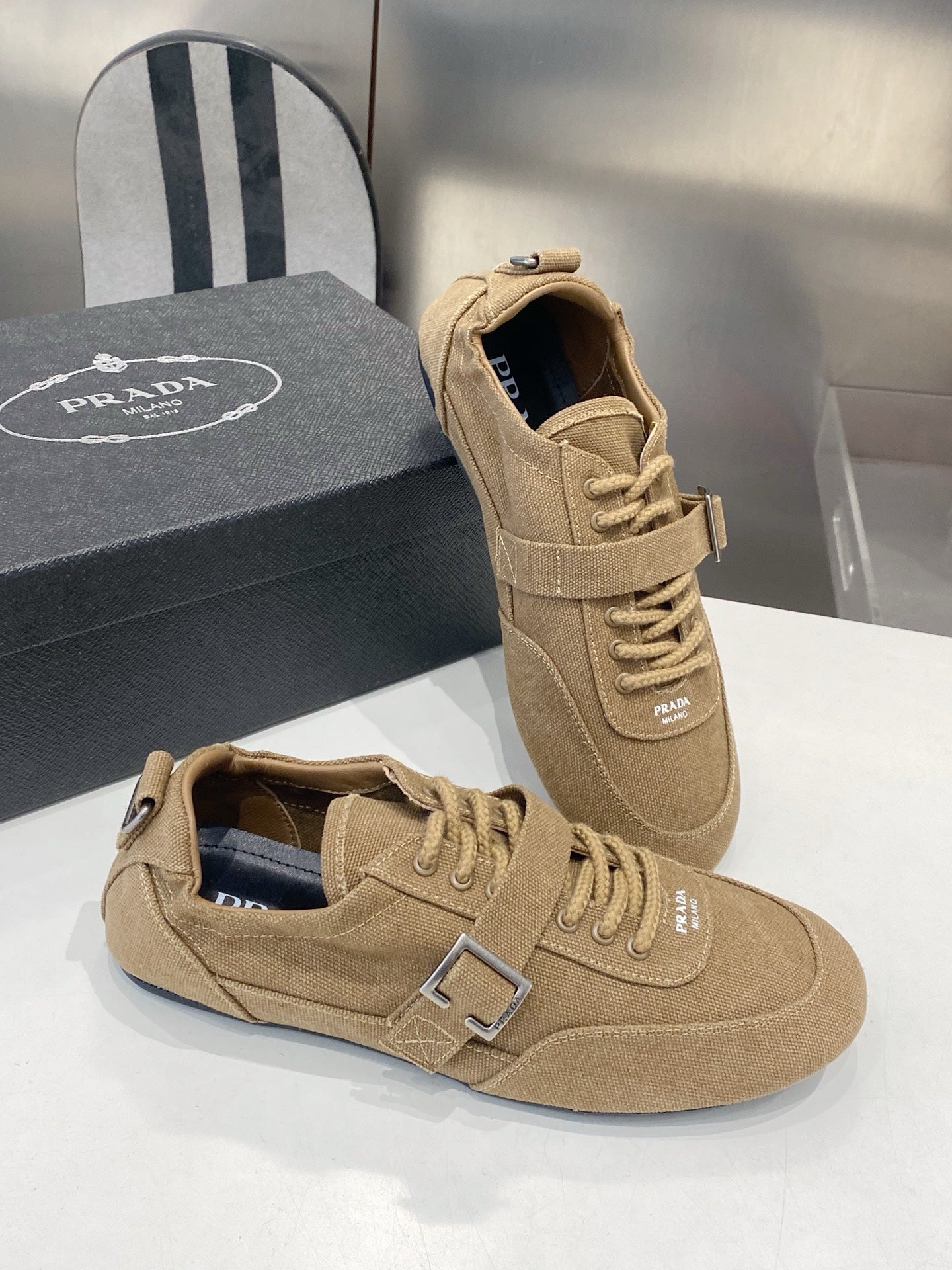 PRADA 26S SNEAKERS IN BROWN FABRIC SILVER HARDWARE
