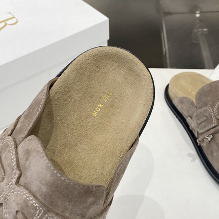 THE ROW 26S KNOT DETAIL MULE LOAFERS IN TAUPE BROWN SUEDE