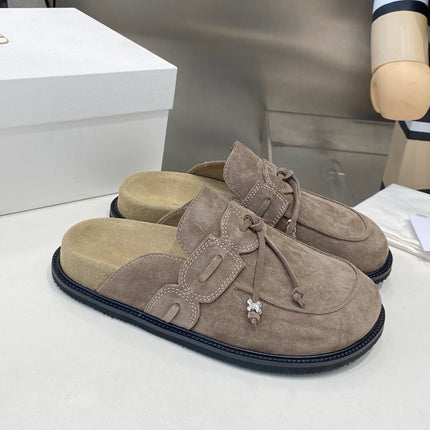 THE ROW 26S KNOT DETAIL MULE LOAFERS IN TAUPE BROWN SUEDE