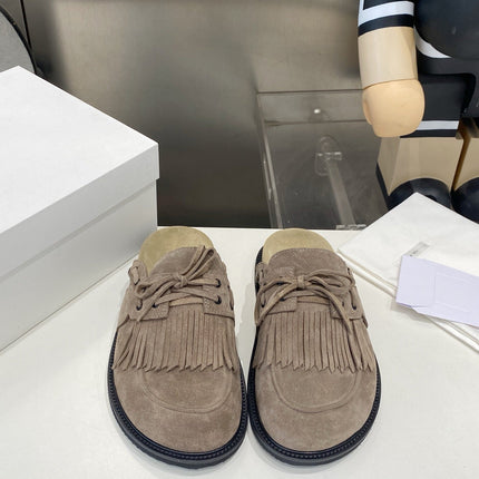 THE ROW 26S FRINGE LACE UP MULES IN TAUPE BROWN SUEDE
