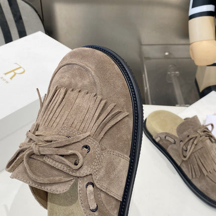 THE ROW 26S FRINGE LACE UP MULES IN TAUPE BROWN SUEDE